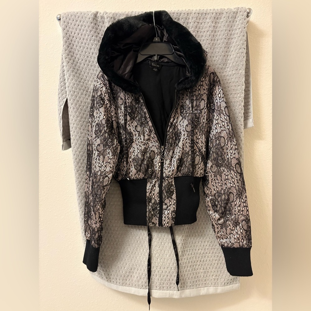 Bebe Black and Cream Lacy Patterned Bomber Jacket